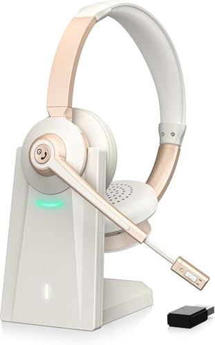 Wireless Headset, Bluetooth Headphones with Microphone AI Noise Canceling/Charge Dock, Wireless Headset with Mic Mute & USB Dongle for Computer Phone Remote Work Office Call Meeting Teams
