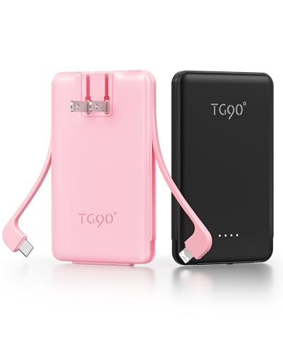TG90° 5000mah Ultra Slim Power Bank Built-in AC Plug & 2 Cables,2 Pack Black & Pink - color: 2Pack-Black&Pink