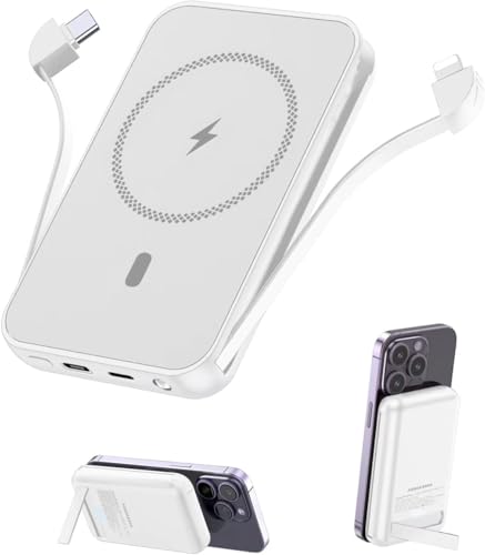 for Magnetic Power Bank, 6800mAh Wireless Portable Charger with PD30W Fast Charging, Battery Pack Built-in 2 Output Cables for iPhone Series(Silver White) - color: Silver White