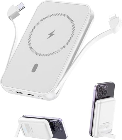 for Magnetic Power Bank, 6800mAh Wireless Portable Charger with PD30W Fast Charging, Battery Pack Built-in 2 Output Cables for iPhone Series(Silver White) - color: Silver White