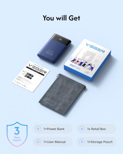 VEGER 10000mAh 0.4lb Fast Charging Portable Charger with Built-in Cables - color: Navy Blue