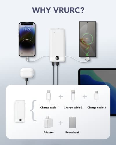 VRURC 3-in-1 Portable Charger, Built-in Cord & Foldable Wall AC Plug-White