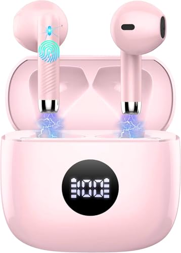 Jxrev Wireless Bluetooth 5.4 Earbuds, 6D Stereo Ear Buds, LED Power Display - color: peach pink