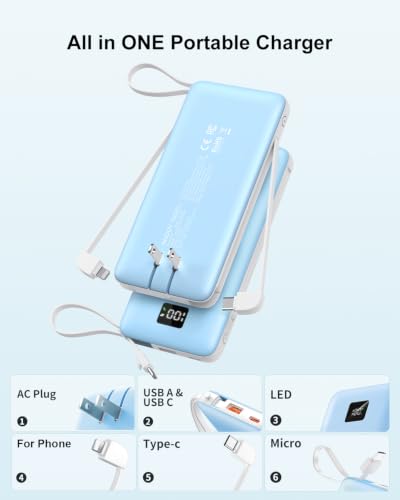 Portable Charger 10000mAh Power Bank w/Built-in 3 Cables & AC Wall Plug - color: Blue