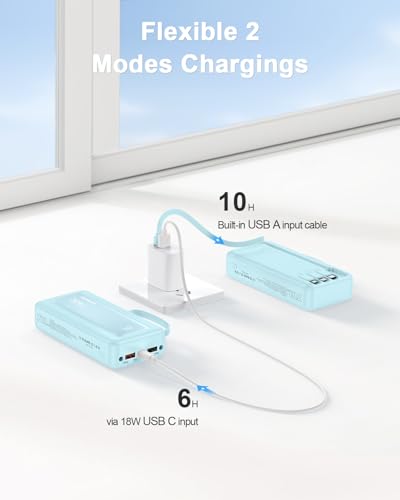 Portable Charger with Built-in Cables, 27000mAh Slim 30W Fast Charging Power Bank with LED Display, USB C Battery Pack 6 Outputs & 2 Inputs, Travel Essential Charger for iPhone, Samsung, Google etc - color: Sky Blue