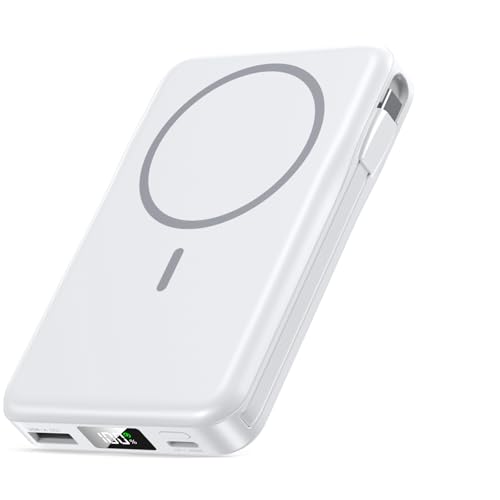 Magnetic Portable Charger 10000mAh, 20W Power Bank with Built in Cable | 20W Fast Charging for Magsafe Battery Pack with LED Display, Travel Essential for iPhone 17/16/15/14/13/12 Pro/Pro Max-White - color: White