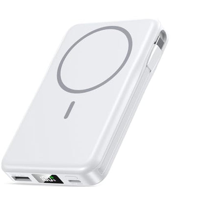 Magnetic Portable Charger 10000mAh, 20W Power Bank with Built in Cable | 20W Fast Charging for Magsafe Battery Pack with LED Display, Travel Essential for iPhone 17/16/15/14/13/12 Pro/Pro Max-White - color: White