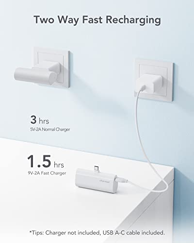 charmast Mini Portable Charger USB-C Connector, 5000mAh Small Power Bank - color: White