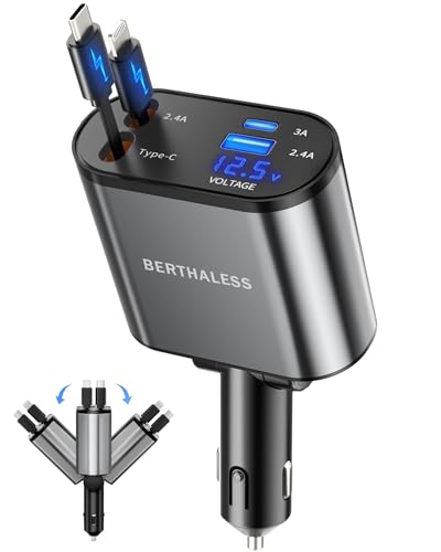 Retractable Car Charger,4 in 1 Fast Charging Car Charger with USB-C & USB-A - color: Grey