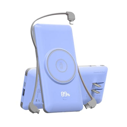 Magnetic 10000mAh Portable Charger for iWatch & iPhone, PD Fast Charging Wireless Power Bank Built-in Cables and Wall Plug, External Travel Battery Pack Compatible with iOS Android Phones - color: Blue