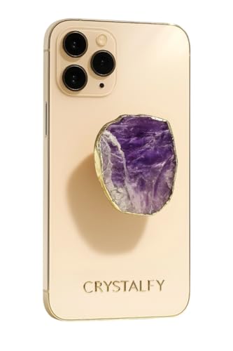 Grips by CRYSTALFY Amethyst Gold Edge Crystal Phone Grip Holder & Expanding Kickstand - Natural Gemstone Swappable Top Accessory for iPhone, iPad, Kindle & Mobile Devices