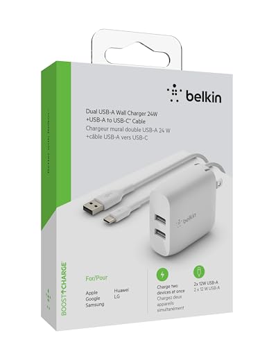 Belkin 24W Dual Port USB Wall Charger w/ USB-C Cable Included - Fast Charging iPhone 16 Charger for Power Bank, iPad & iPad Pro, Samsung Galaxy S25, Google Pixel, & More - size: 1.37 x 3.98 x 5.15 inches, style: Includes USB-C Cable