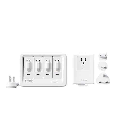Gitryin Travel Plug Adapter with Retractable 31.5in Type-C Cables, 12-in-1 Desktop Charging Station with 3 Retractable Type-C Chargers and 1 Lightning Charger