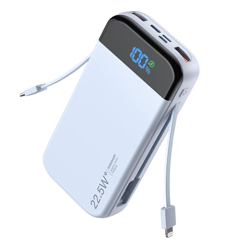 Phone Battery Bank 32000mAh 22.5W w/Built-in Cables & USB C Fast Charging - color: Blue