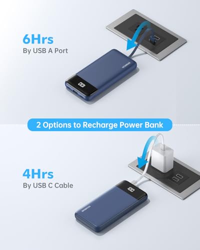 Portable Charger Power Bank w/Built-in Cables 10000mAh LED Display, Navy - color: Navy