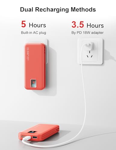 Portable Charger 12000mAh 22.5W w/Built-in Cable & Wall Plug Red - color: Red