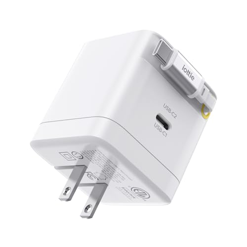 Basix by iOttie 65W GaN Wall Charger with Built-in Retractable USB-C Cable and Extra USB-C and USB-A Ports, Triple Device Fast Charging, Compact Travel Charger with Folding Prongs