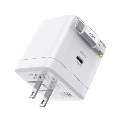 Basix by iOttie 65W GaN Wall Charger with Built-in Retractable USB-C Cable and Extra USB-C and USB-A Ports, Triple Device Fast Charging, Compact Travel Charger with Folding Prongs