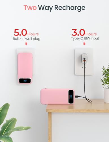 aonidi Portable Charger 12000mAh with Built-in Cables&AC Wall Plug, Pink - color: Pink