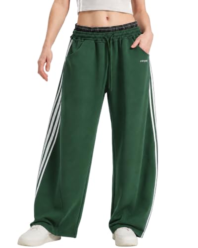 Women's Baggy Barrel Sweatpants, Double Waist Striped Wide Leg Pants - color: Green, size: Medium