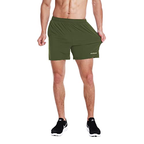 EZRUN Men's 5" Athletic Running Shorts Quick Dry with Liner Zip Pocket - color: Army Green, size: Small