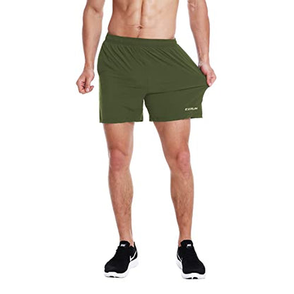 EZRUN Men's 5" Athletic Running Shorts Quick Dry with Liner Zip Pocket - color: Army Green, size: Small