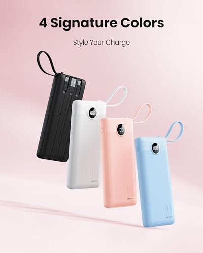 Portable Power Bank, 10000mAh Slim Portable Charger with Built-in Cables, External Battery Pack 5 Outputs 2 Inputs LED Display Compatible with iPhone/Android & More (White) - color: White