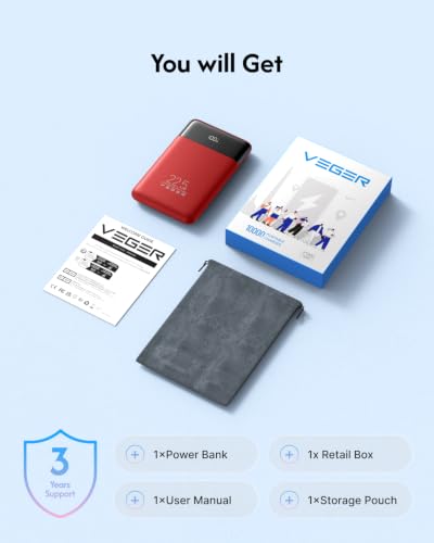 VEGER 10000mAh 22.5W Fast Charging Portable Charger with Built-in Cables - color: Red