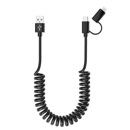 USB to USB-C and Lightning Cable Combo 2 in 1 Coiled Cable Support Apple Carplay & Android Auto [MFi & 3A Fast Charge & Data Sync] Coiled Lightning and USB C Cable for iPhone 17/16/15/14/13/12/Android - color: Black