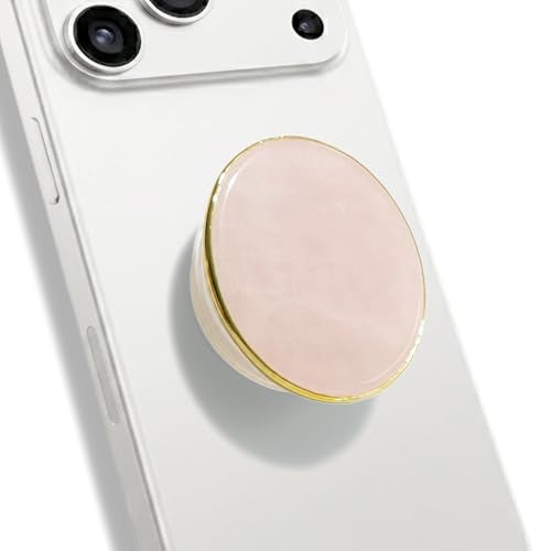 Natural Gemstone Phone Grip Collapsible Cell Phone Holder & Expanding Kickstand, Authentic Oval Crystal with Gold Edge (Rose Quartz, Adheisve Base) - color: Rose quartz