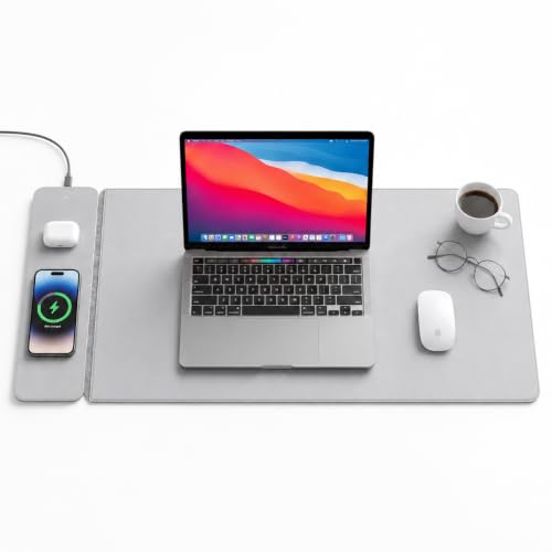 Wireless Charging Mouse Pad & Desk Mat with Detachable MagSafe-Compatible & Qi Charger, Charges Phone + Earbuds, Hidden Storage, XL Vegan Leather Mouse Pad, 30.7" × 14.6"(Grey) - color: Gray