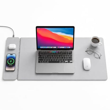 Wireless Charging Mouse Pad & Desk Mat with Detachable MagSafe-Compatible & Qi Charger, Charges Phone + Earbuds, Hidden Storage, XL Vegan Leather Mouse Pad, 30.7" × 14.6"(Grey) - color: Gray