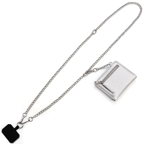 Diaclara Clip and Go Chain Phone Strap with Zipper Pouch- Stylish Crossbody Adjustable Chain Lanyard with Leather Wallet for All Phones, Silver - color: Chain Silver