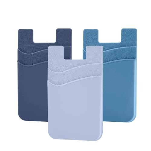 SHANSHUI Phone Wallet, 3 Pack Strong Adhesive Silicone Wallet Sleeve Pocket ID Credit Card Holder Stick on Fit for iPhone & All Smartphones - color: Celeste+Sierra+Navy Blue