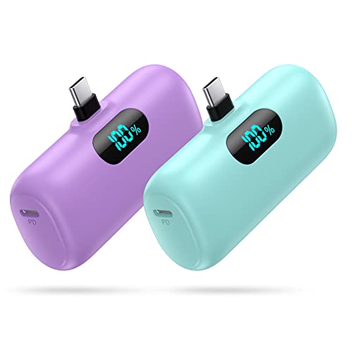 [2-Pack] Mini Portable Charger 5000mAh Power Bank,3A PD USB C Cell Phone Portable Power, LCD Display Battery Pack Compatible with iPhone 17/17 Air/16/16 pro/15/15 pro Max/Android/Samsung/Moto/LG etc - color: green+purple