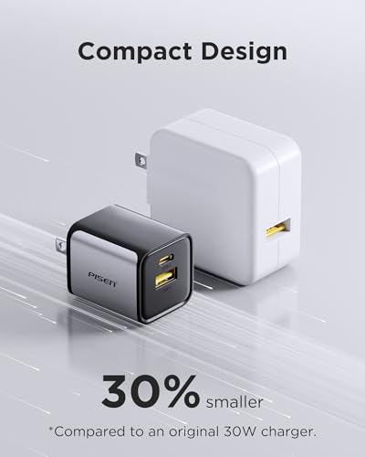 PISEN 30W USB C Charger - 30 Watt Dual Port PD QC 3.0 GaN Charging Block, 30W USB C Wall Charger, 2-Port 30 Watt Charging Block for iPhone 16/15/14/13 Series, Samsung, Pixel, iPad (Cable Not Included)