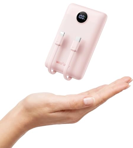Mini Portable Charger with Built-in Cables 22.5W Fast Charging Power Bank USB-C Small Battery Pack 10000mAh Travel Essential Slim Battery for iPhone 17/16/15/14, Samsung 25/24, and More - color: Pink
