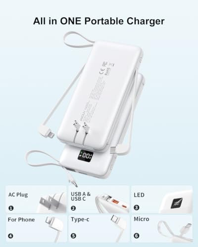 Portable Charger 10000mAh Power Bank w/Built-in 3 Cables & AC Wall Plug - color: Matte White
