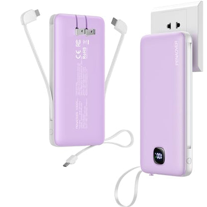 Portable Charger 10000mAh 22.5W Power Bank,Built-in 3 Cables & AC Wall Plug - color: Purple