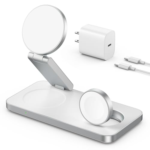 VBA 3 in 1 Wireless Charging Station for Apple MagSafe Charger,Foldable Fast Charging Magnetic Wireless Charger Stand,Travel Charger for iPhone 17 Air 16 15 14 13 12,Apple Watch,AirPods Pro(White) - color: White