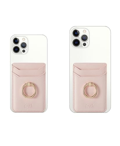 Card Holder Sleeve with Ring for Girl, RFID Credit Wallet PU Leather Stick On Back Grip for iPhone Samsung Smartphone - Pink - color: Pink