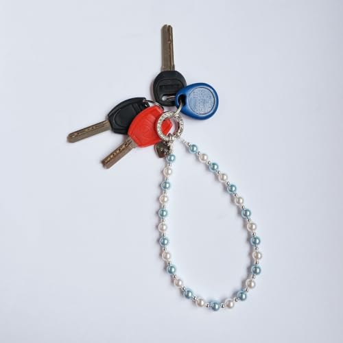 Beaded Pearl Phone Charm Wrist Strap, Camera AirPods Bags Charms(Blue） - color: Blue