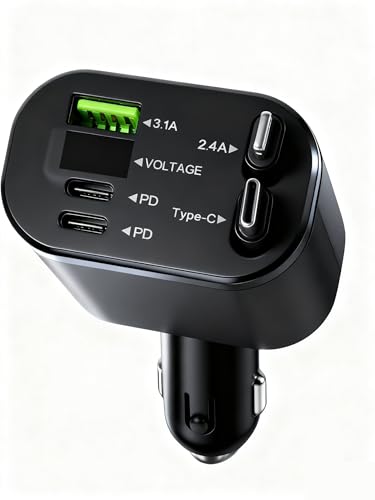 5-in-1 Fast Car Charger with USB-A and USB-C Ports, 75W High-Speed Charging, Retractable USB-C and Lightning Cables, Compatible with iPhone 16/15/14, Samsung Galaxy
