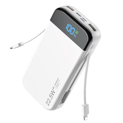 Phone Battery Bank 32000mAh 22.5W w/Built-in Cables & USB C Fast Charging - color: White