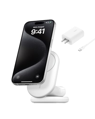 Belkin Qi2 15W Magnetic Wireless Charger, 2 in 1 Foldable, Non-Slip - color: White