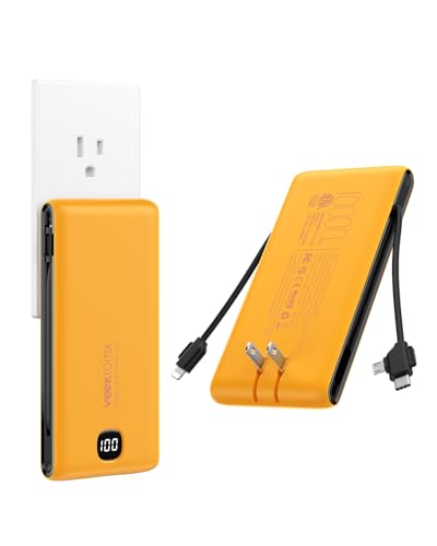 VEEKTOMX 10000mAh Portable Charger with Built-in Cables & Wall Plug - color: Saffron