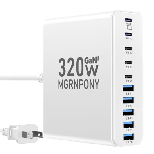 320W USB C Charger Block, MGRNPONY 10-Port GaN USB C Charging Station White - color: White