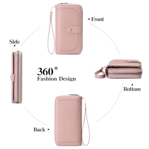 GAEKEAO Leather Credit Card Holder Wallet for Women RFID Blocking Large Capacity Bifold Zipper Card Case Organizer with Wristlet 45 Slots - color: Light Pink