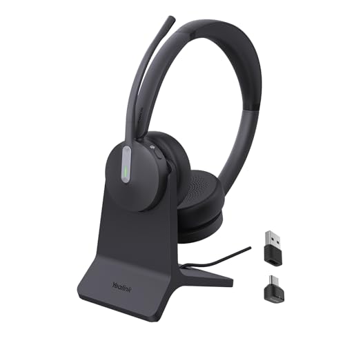 Yealink BH70 Dual Wireless Headset with Mic for Work, Bluetooth Headphone with Teams Certification, up to 35h Talk Time, 147g All-Day Wearing Comfort, Include USB-C/A Dongle & BHC70 Charging Stand - color: Black Teams, style: Dual + Stand (Type-C/A)