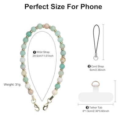 TEAMOLA Natural Stone Phone Charm - Crystal Phone Beaded Wrist Strap - color: Green & Blue